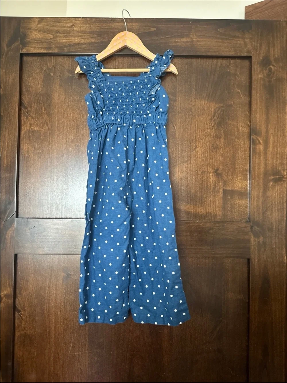 GAP Blue Polka Dot Smocked Ruffle-Strap Jumpsuit